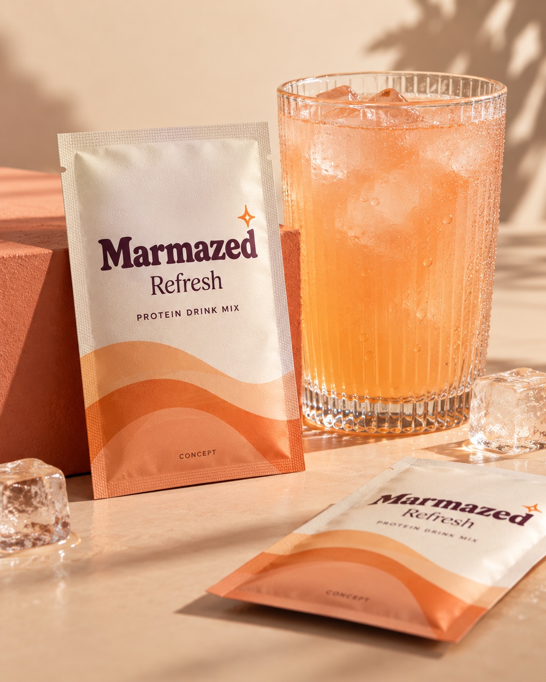 Marmazed Refresh concept: individual sachets beside a peach-coloured iced drink